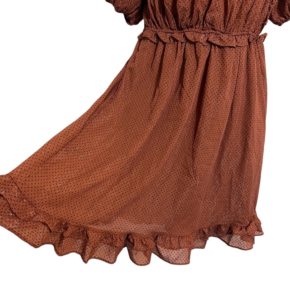 By The River Brown Polka Dot Puff Sleeve Dress Small Smocked Back - Picture 2 of 12